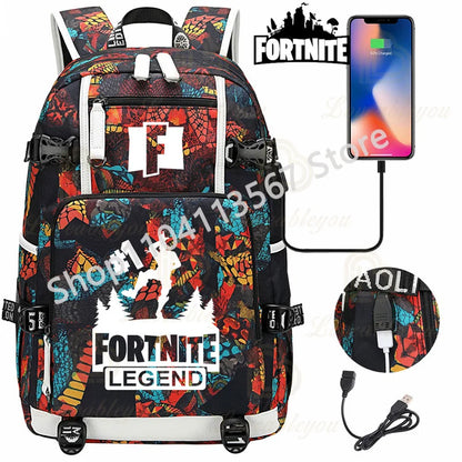 Mochila Yule Trooper F-Fortnited Battle Royale com carregamento USB, figuras anime e compartimento para material escolar para estudantes