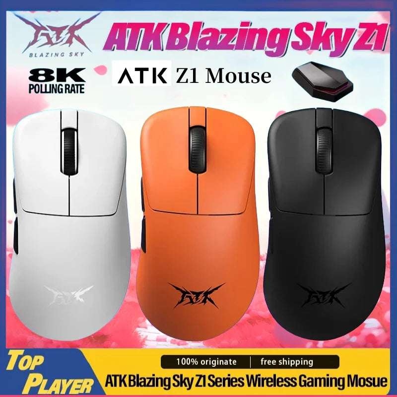 Rato Gaming Sem Fios ATK Z1 Pro Max Ultra com Pé Personalizado, PAW3950 Ultra Smart Speed Wireless, Taxa de Polling 8k e Baixa Latência de 0.39ms