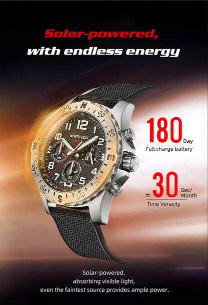 NORTH EDGE  Men's Watches Solar Power 316 stainless steel Case Quartz Watch For Men Pilot Waterproof 50M Stopwatch