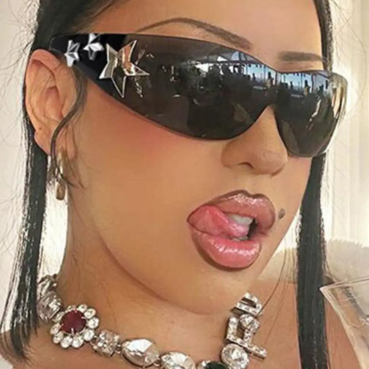 Rimless Y2K Sunglasses Women Men Punk Goggle Trendy Shield Sun Glasses UV400 3D Five Star Rhinestones Eyewear 2024