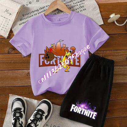 Conjunto de T-shirt e calções Fortnite Series para criança, top e calças inspirados em jogo popular, outfit de verão para casa, confortável e adorável, presente de aniversário
