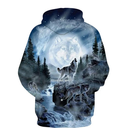Sweat à capuz com fecho e estampado 3D de lobo, estilo streetwear, para homem/mulher, casaco com capuz unissexo casual hip-hop