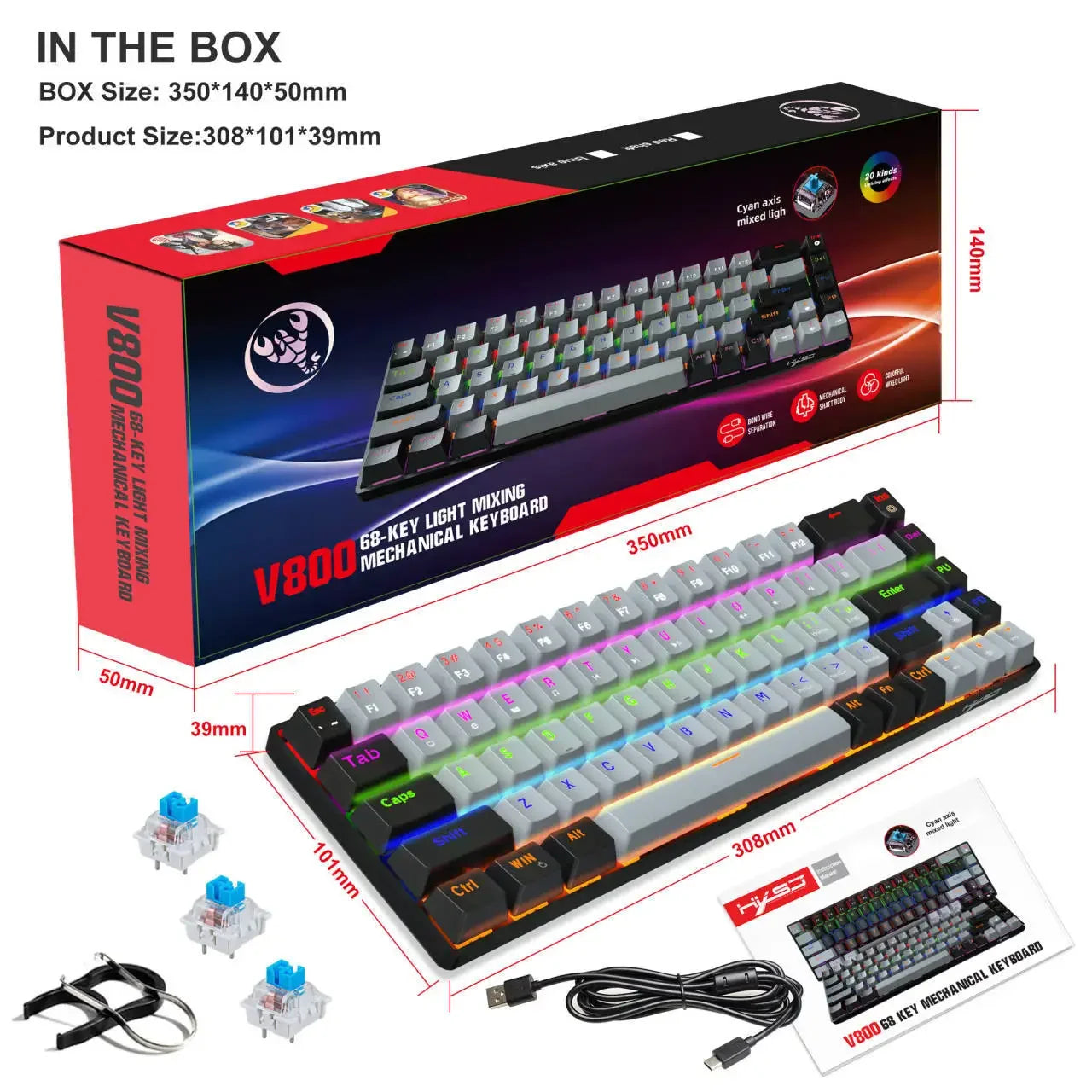 Mechanische Gaming-Tastatur 60% USB, weiße Tasten, Mini-Gamer-Tastatur, ergonomische Computertastatur mit Hintergrundbeleuchtung, Musica teclado pc