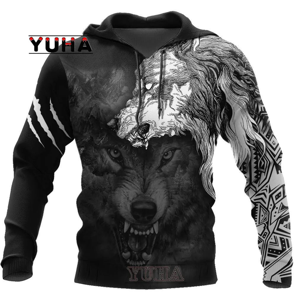 Neuer Wolf-Tattoo-Vegvisir Schwarz-Weiß 3D-Allover-Print Herren-Hoodie & Sweatshirt Unisex Casual Herbst-Trainingsanzug