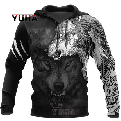 Neuer Wolf-Tattoo-Vegvisir Schwarz-Weiß 3D-Allover-Print Herren-Hoodie & Sweatshirt Unisex Casual Herbst-Trainingsanzug