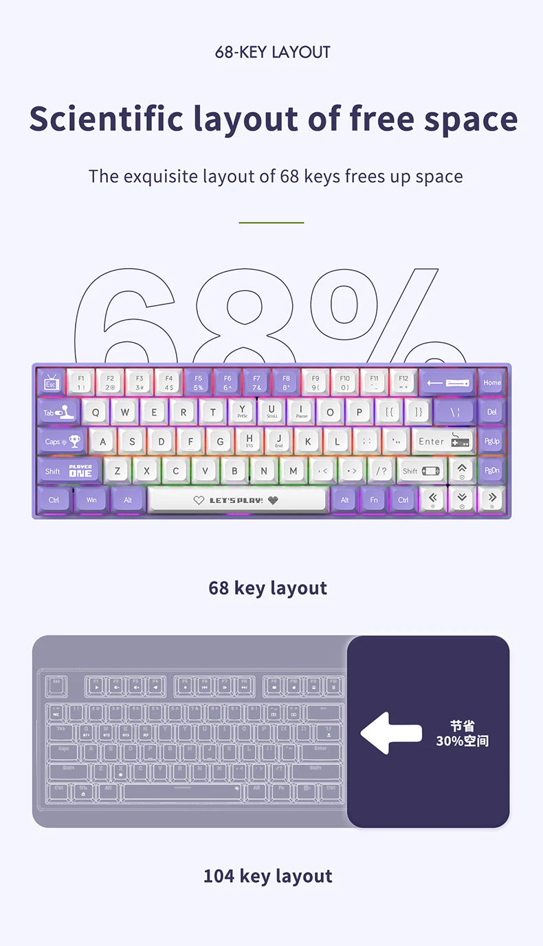 AJAZZ AK680 65% Wireless Mechanical Keyboard ABS Keycap Hot Swap Gamer Keyboard Custom Gasket Gaming Accessories for PC Laptop