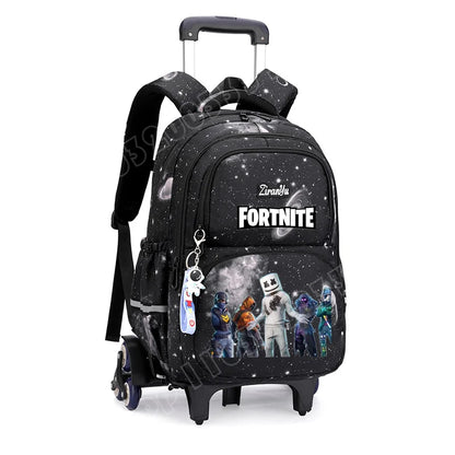 Mochila com Rodas Fortnite Anime, Impermeável, de Grande Capacidade, para Estudante — Saco Escolar Casual de Viagem com Carrinho e Subida Fácil de Escadas