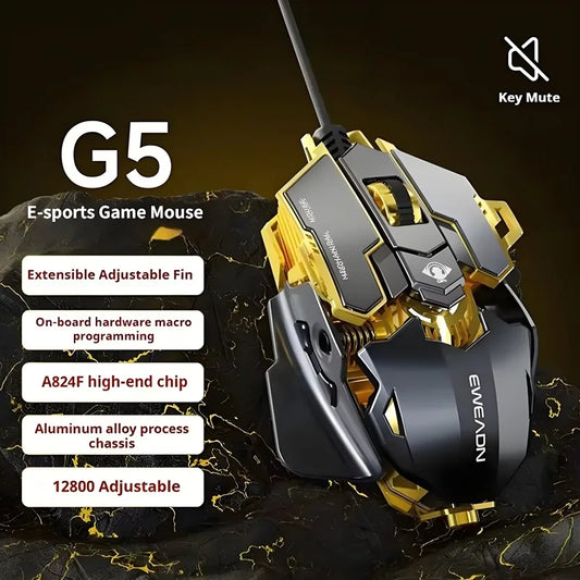 Mouse gaming cablato e-sport meccanico G5 RGB 9 pulsanti con programmazione macro, silenzioso, 12800 DPI per computer desktop e laptop