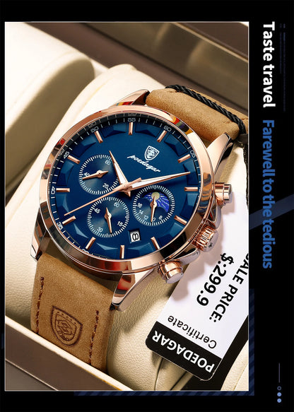 POEDAGAR Sports Luxury Men Quartz Watch Waterproof Chronograph Luminous Date Man Wristwatch Business Leather Men's Watches Clock