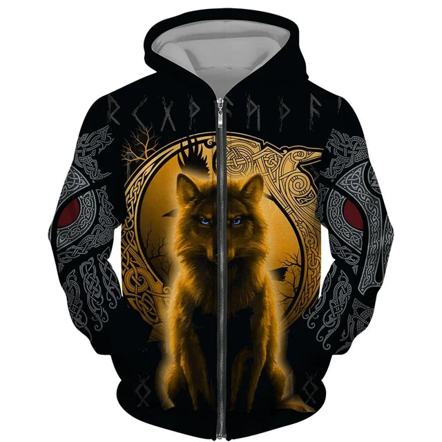 Sweat à capuz com fecho e estampado 3D de lobo, estilo streetwear, para homem/mulher, casaco com capuz unissexo casual hip-hop