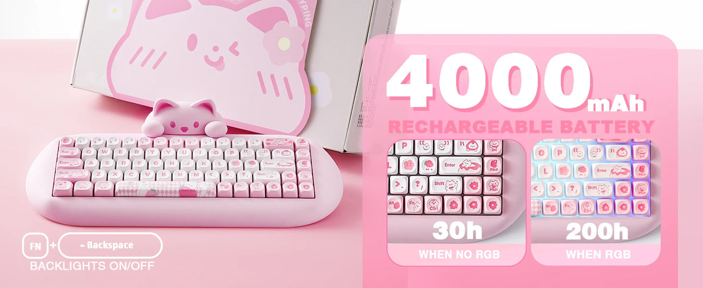 YUNZII C68 Pink 65% Hi-Fi Cute Cat Silicone Hot Swap NKRO Ergonomic Wireless BT5.0/2.4G/Wired RGB Mechanical Gaming Keyboard