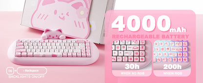 YUNZII C68 Pink 65% Hi-Fi Cute Cat Silicone Hot Swap NKRO Ergonomic Wireless BT5.0/2.4G/Wired RGB Mechanical Gaming Keyboard