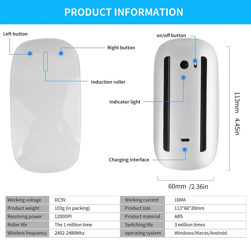 Ratón inalámbrico Magic de modo dual Bluetooth, táctil, delgado, recargable y ergonómico para MacBook Air Pro, PC, laptop, ordenador portátil y notebook 2026