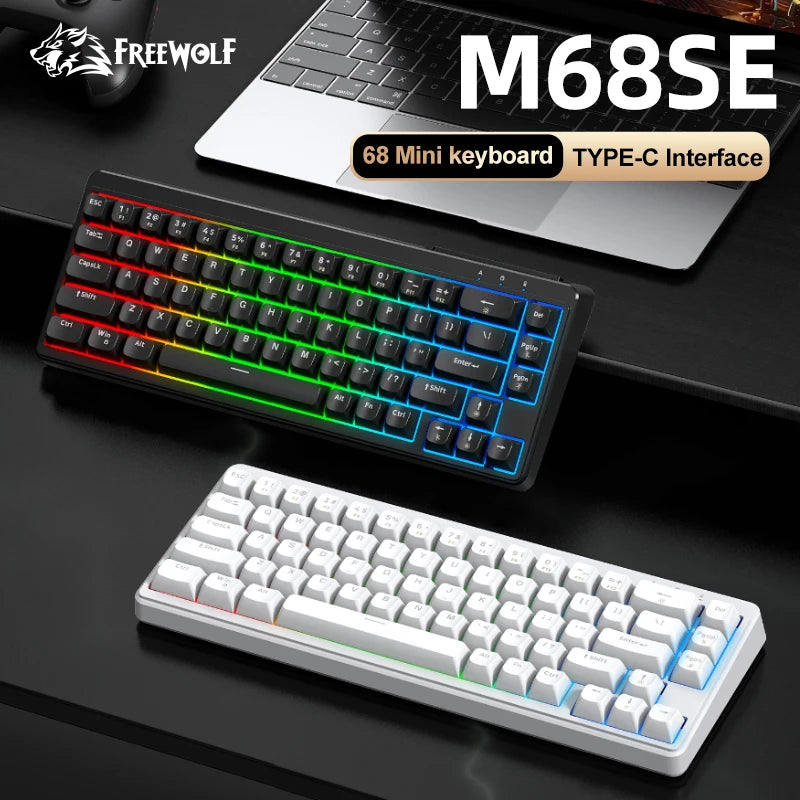 FREEWOLF M68SE Tastatur mit mechanischem Tippgefühl, 68 Tasten, Mini, kabelgebunden, kompakt und leise, für Laptops, Gaming und Bürogebrauch
