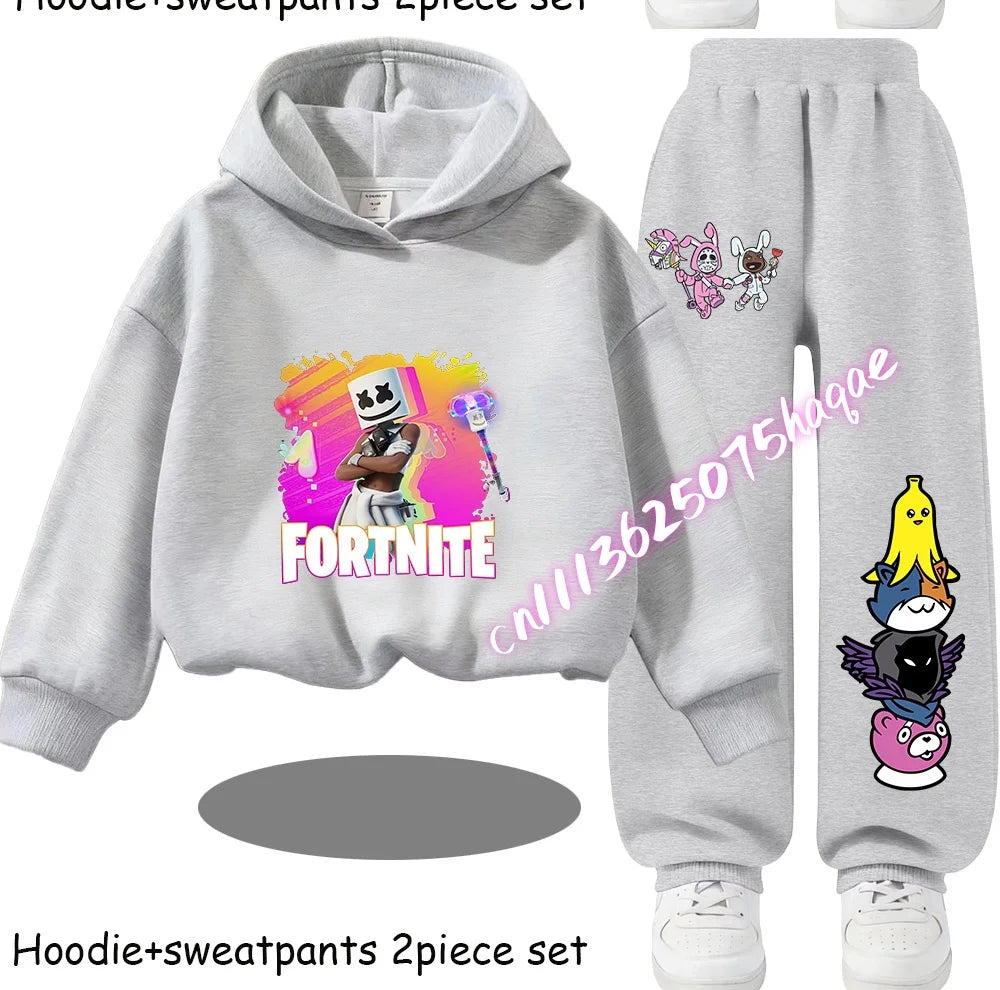 Fortnite Printed Children's Hoodies Cartoon Comfortable 2pcs Suit Loose Long Sleeve Tops with Pant Autumn Winter Clothes Gift
