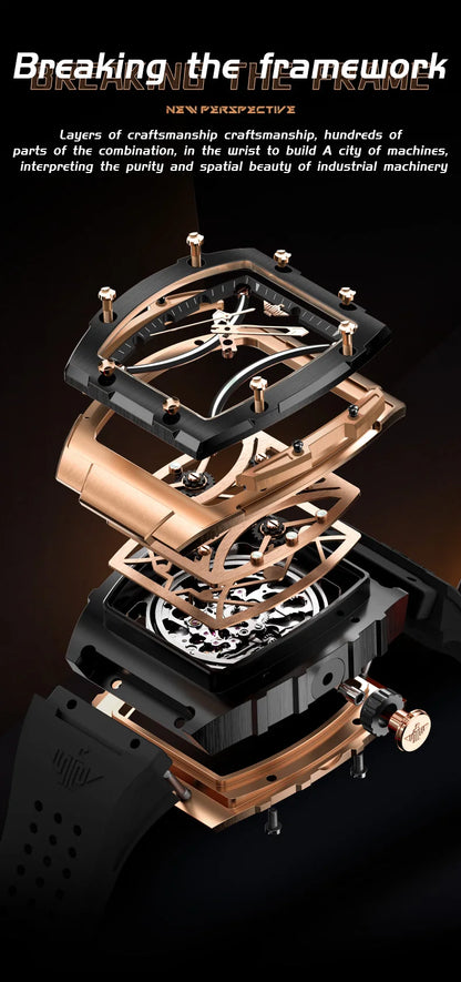 Relógio masculino OUPINKE clássico de luxo com mostrador tonneau, marca de topo, original, automático mecânico, bracelete em silicone e vidro de safira, novo