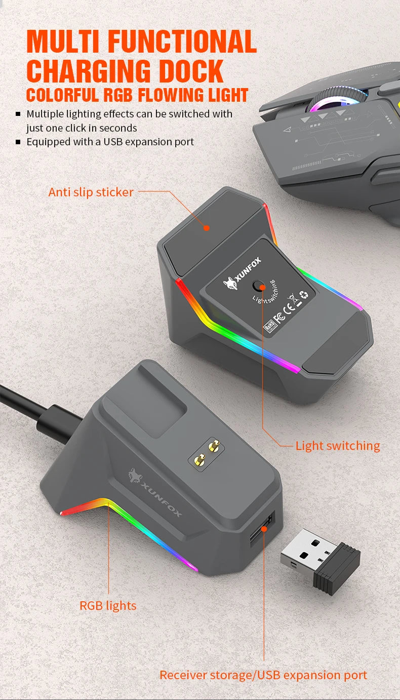Rato XUNSVFOX H2 sem fios Bluetooth de modo duplo, iluminação RGB, para portátil, gaming e escritório, com carregamento magnético