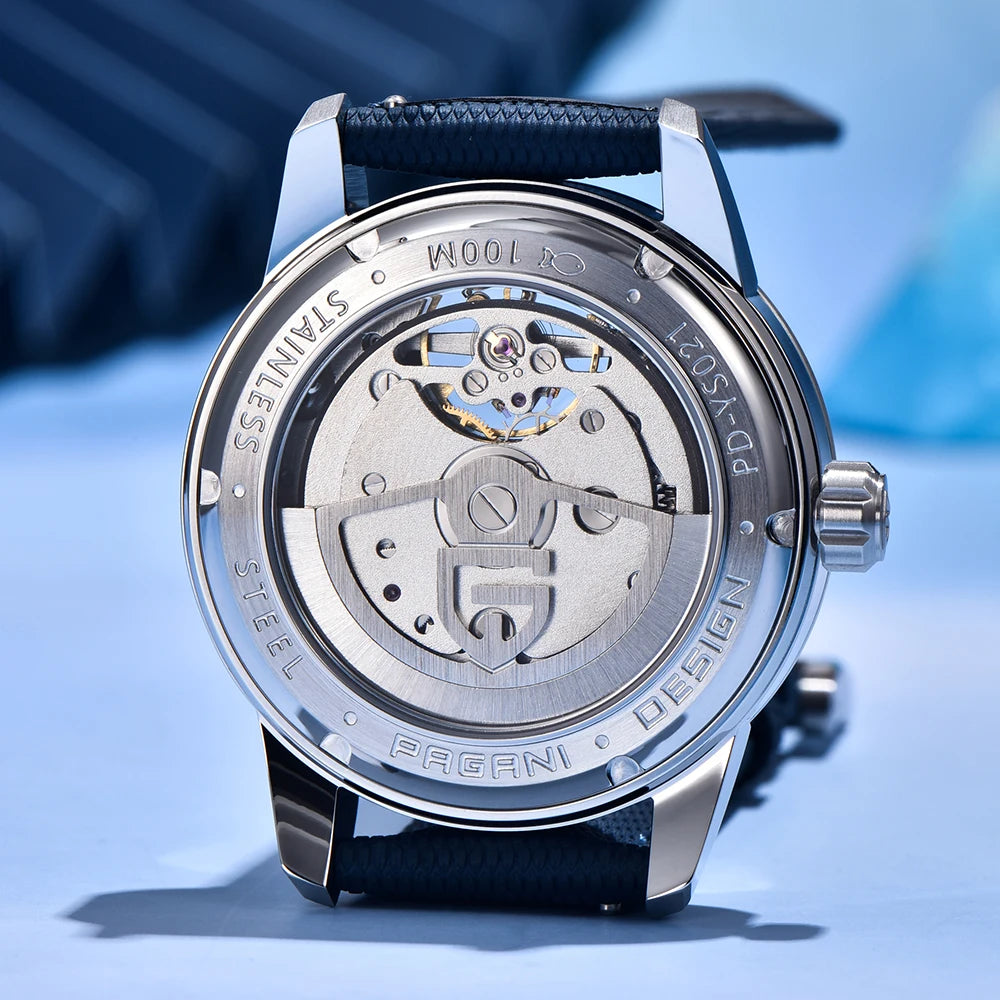 PAGANI DESIGN – Luxusné mechanické pánske hodinky, 41 mm, zafírové sklo, kožený remienok, vodotesné, v štýle pilotných hodín, s tourbillonom a fázou mesiaca
