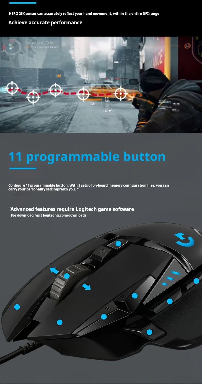 Mouse da gaming con cavo Logitech G502 HERO E-Sports, mouse meccanico RGB con bilanciamento regolabile, macro programmabili per Battle Royale