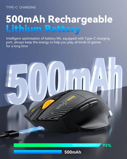 Mouse gaming tri-mode 12800DPI 2.4G Wireless Bluetooth cablato in fibra di carbonio, pulsante silenzioso, programmazione macro, 500mAh, 7 tasti