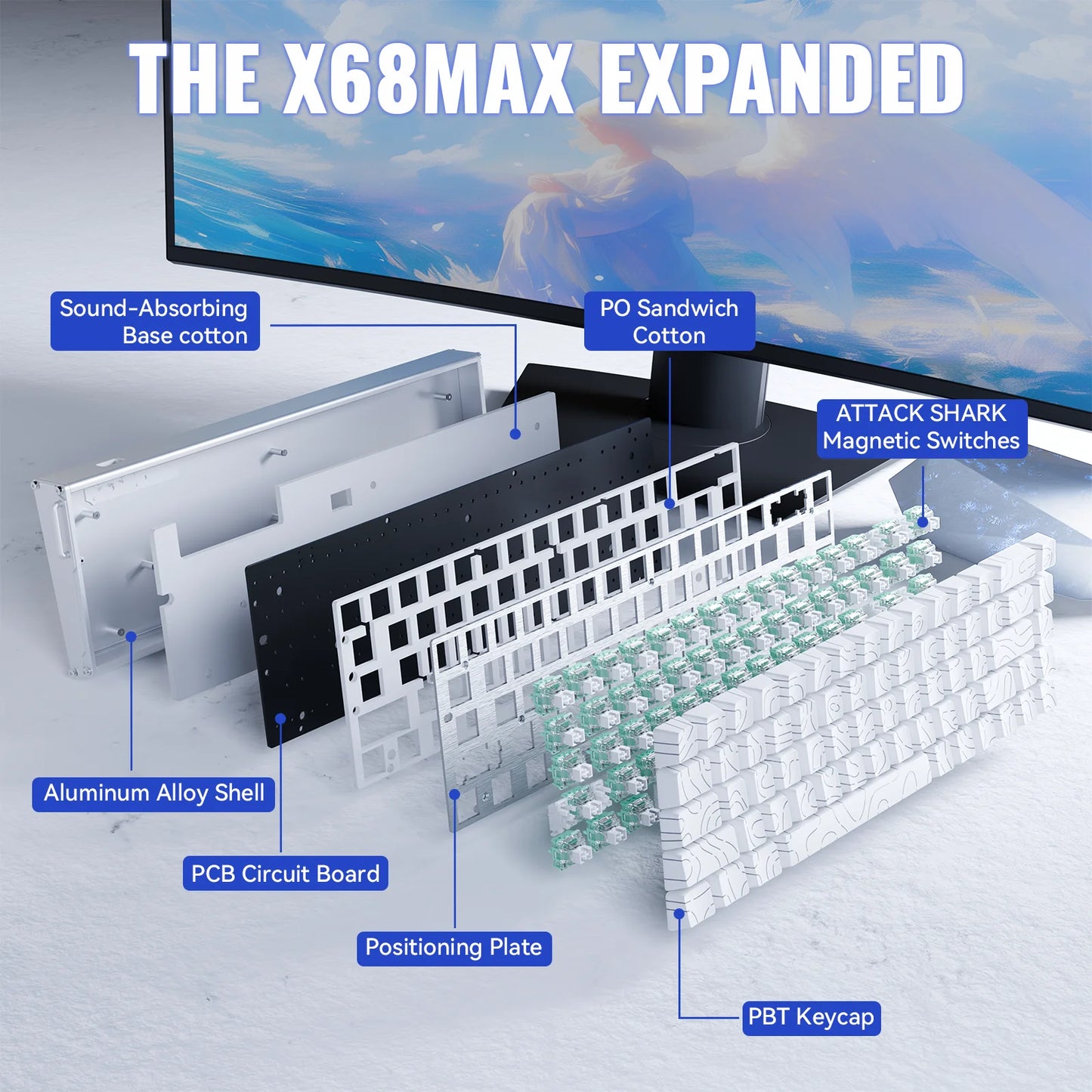 Teclado ATTACK SHARK X68MAX HE Rapid Trigger em alumínio com interruptores magnéticos, 60%, com fios, 8KHz, precisão RT de 0.005mm
