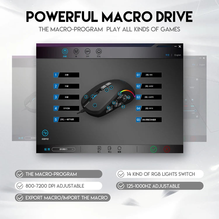 Kabelgebundene Gaming-Office-Maus 7200DPI mit RGB-Hintergrundbeleuchtung, 6 einstellbaren DPI-Stufen/10 programmierbaren Tasten/Zurück-zum-Desktop-Taste