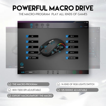 Kabelgebundene Gaming-Office-Maus 7200DPI mit RGB-Hintergrundbeleuchtung, 6 einstellbaren DPI-Stufen/10 programmierbaren Tasten/Zurück-zum-Desktop-Taste
