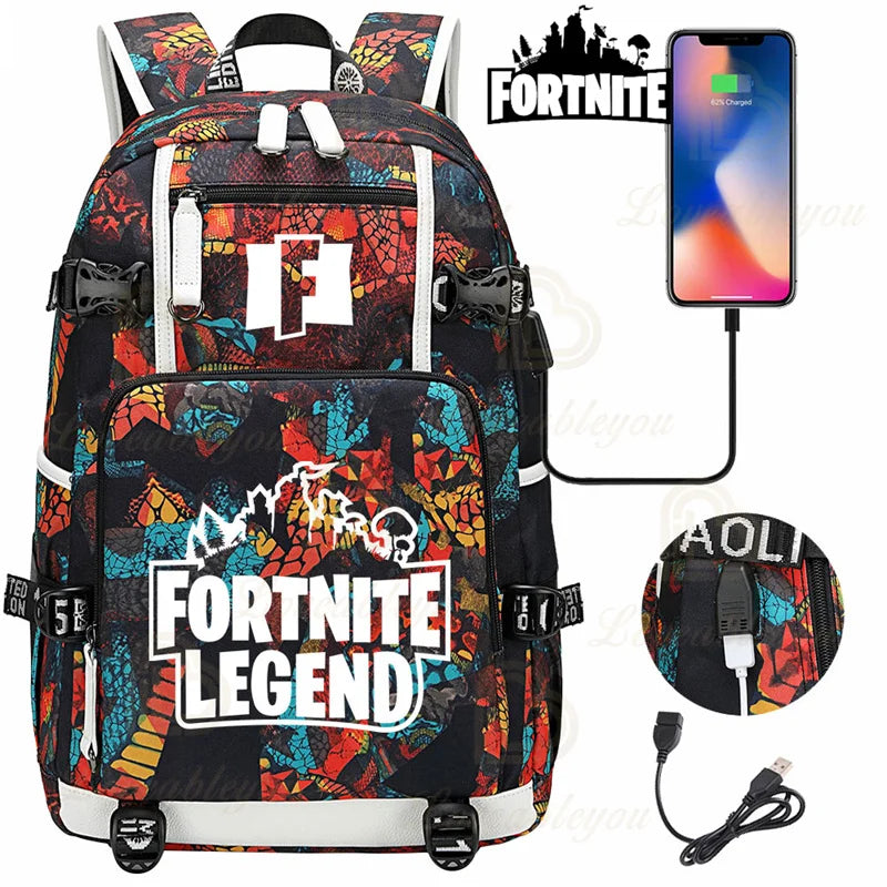 Mochila Yule Trooper F-Fortnited Battle Royale com carregamento USB, figuras anime e compartimento para material escolar para estudantes