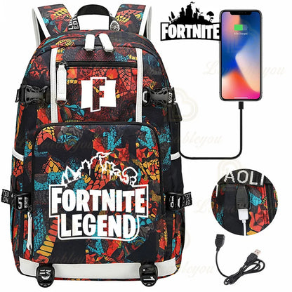 Mochila Yule Trooper F-Fortnited Battle Royale com carregamento USB, figuras anime e compartimento para material escolar para estudantes