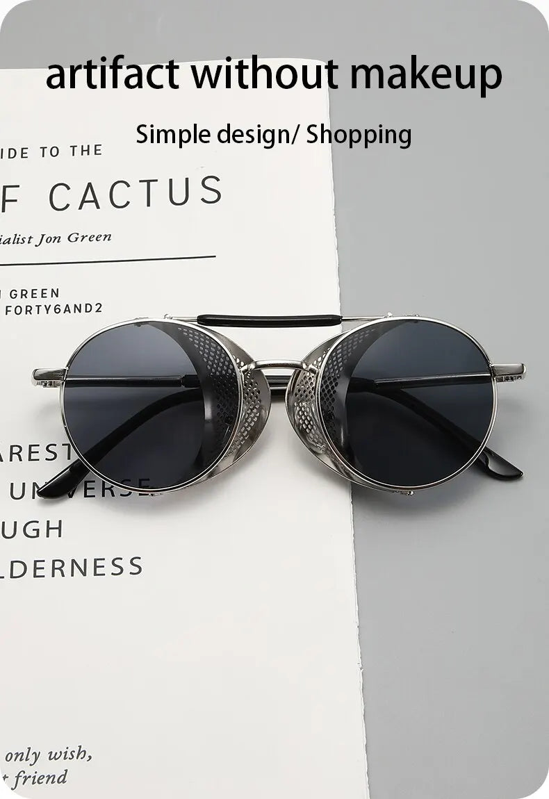 2023 Steampunk Side Wind Proof Mesh Flip Round Metal Sunglasses