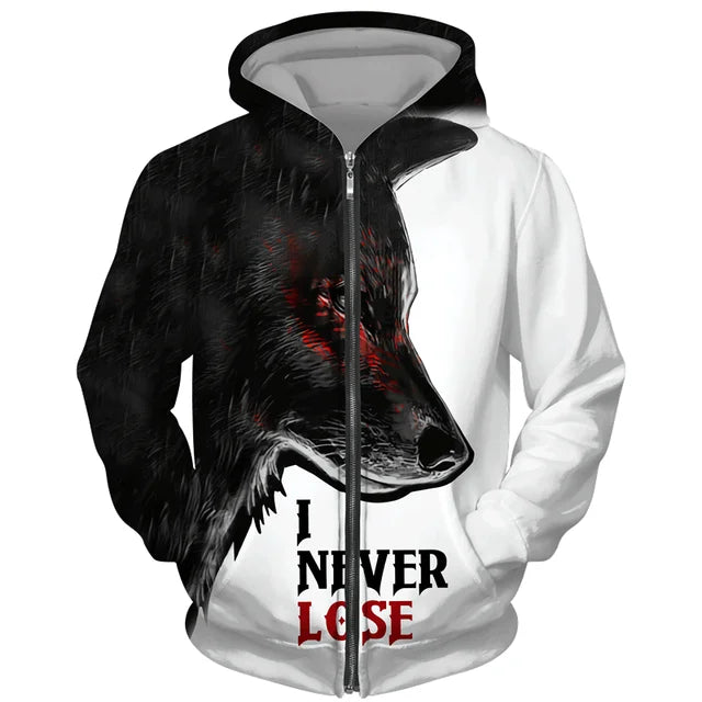 Sweat à capuz com fecho e estampado 3D de lobo, estilo streetwear, para homem/mulher, casaco com capuz unissexo casual hip-hop
