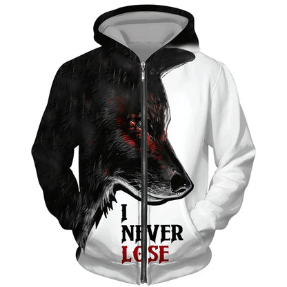 Sweat à capuz com fecho e estampado 3D de lobo, estilo streetwear, para homem/mulher, casaco com capuz unissexo casual hip-hop