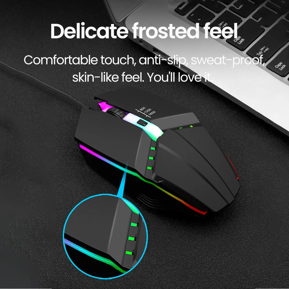 Ratón gaming USB con cable RGB retroiluminado, botón de silencio, LED luminoso y 1600DPI para PC de escritorio, portátil, ordenador, hogar y oficina