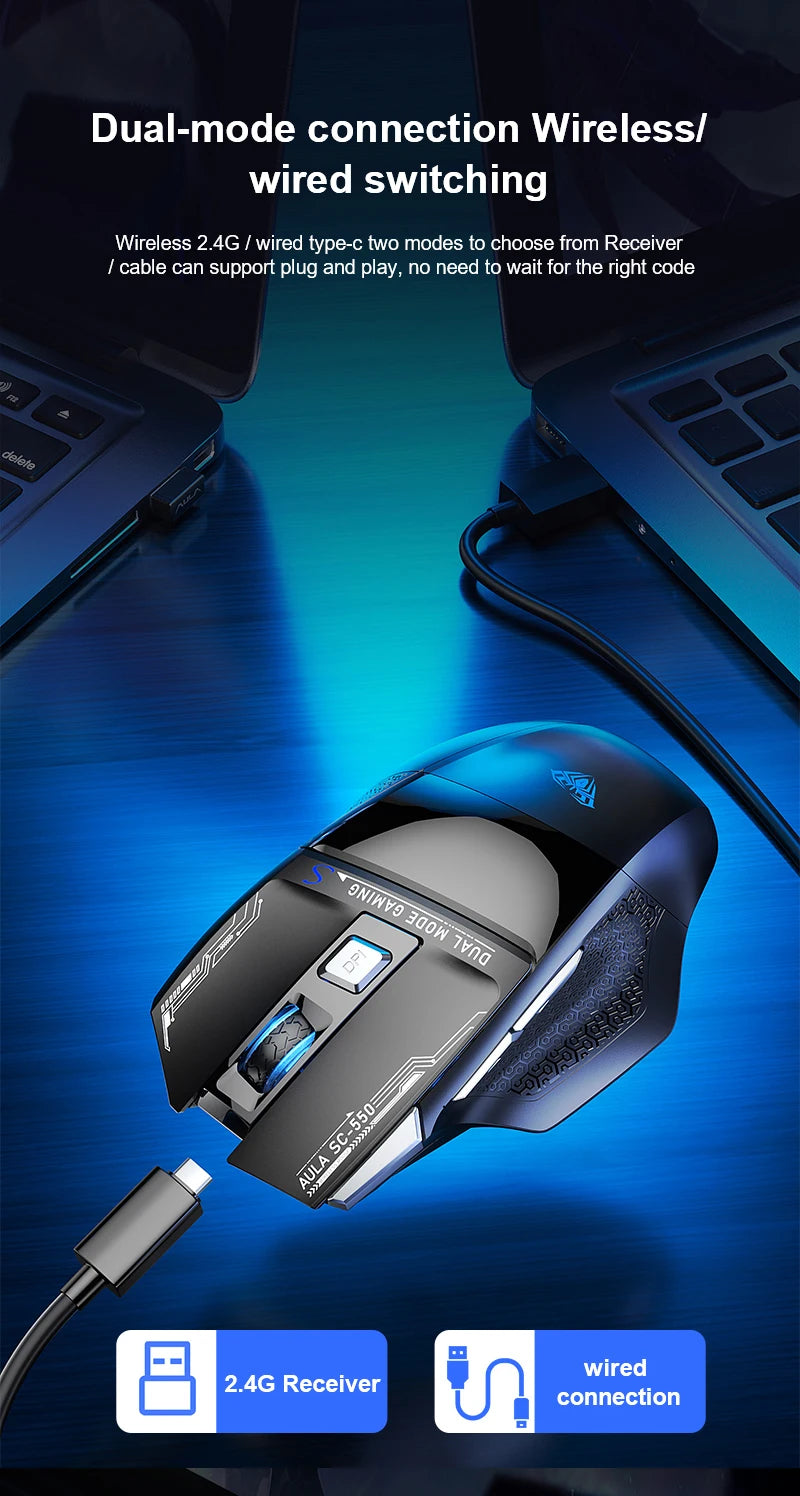 Ratón gaming AULA SC550 2.4G inalámbrico con macro, retroiluminación RGB, diseño ergonómico, ratón e-sports, accesorios para PC