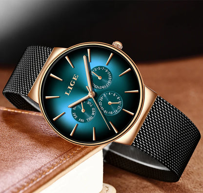 Montre pour femme LIGE, élégante et tendance – Style sport-décontracté, bracelet en maille, mouvement à quartz, affichage de la date et du jour, étanche.