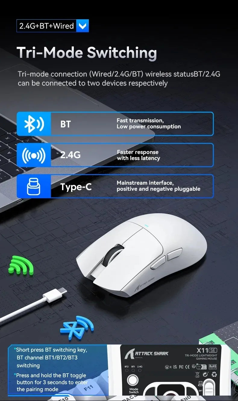 Rato Gaming Sem Fios Ultraligeiro ATTACK SHARK X11SE, vida útil de 20 milhões de ciclos, PAW3311 Gaming, 22KDPI, 400IPS, 40G, 1KHz, 65 horas, 30mAH