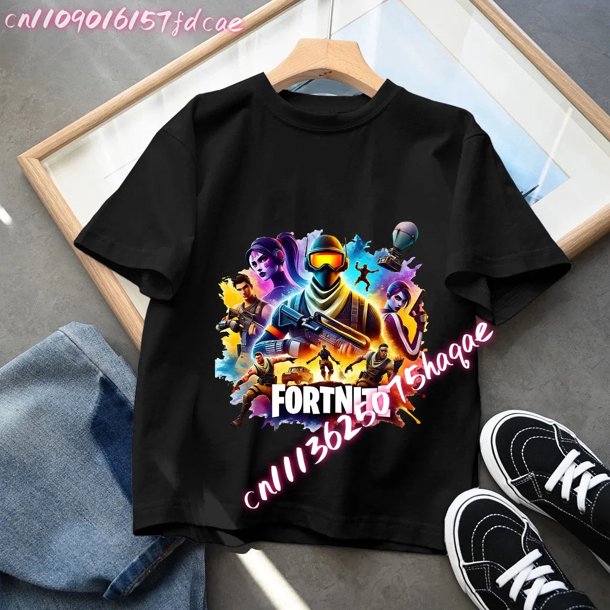 T-shirt preta em algodão para criança Fortnites Fortress Night, manga curta, estilo cartoon, para menino e menina, roupa de verão kawaii, top para oferta