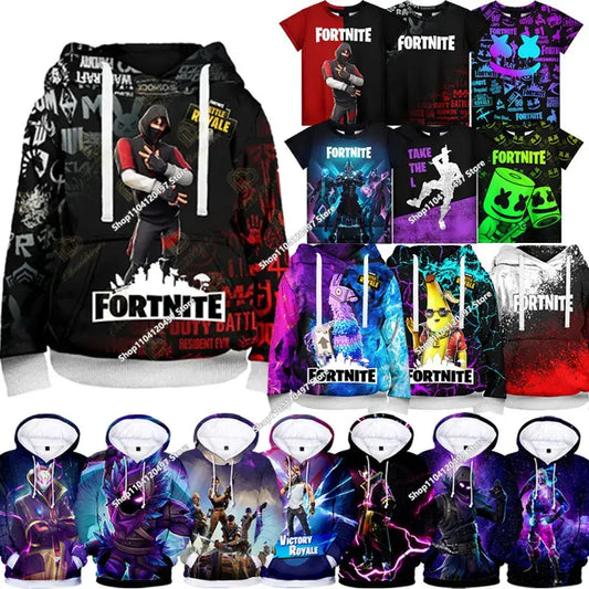 Dziecięca odzież jesienna: bluza z kapturem typu pullover, T-shirt, nowa kolekcja Fortnite, codzienna odzież dziecięca, wygodny streetwear