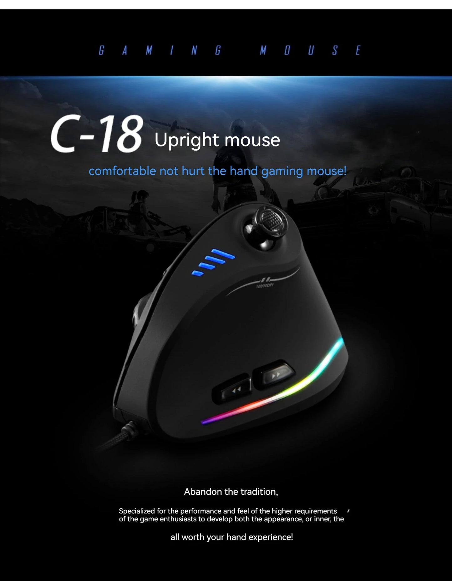 Mouse verticale ZELOTES C-18, mouse ottico RGB a 11 tasti con joystick, mouse gaming laser programmabile per PC e gamer