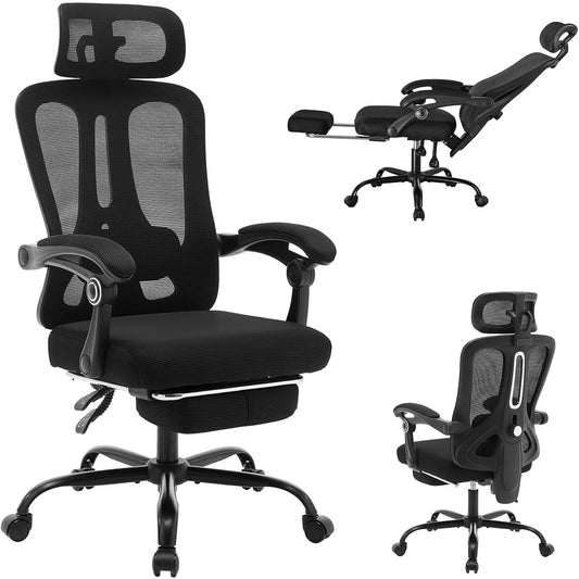 Ergonomic Office Chair With Adjustable Lumbar Support & Footrest, High-Back Mesh Gaming Chair With Tilt Mechanism For Home