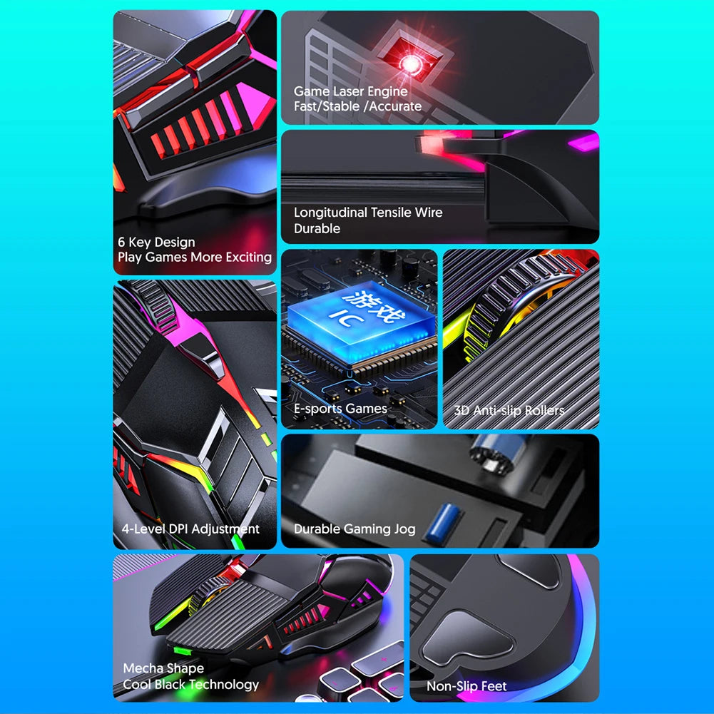 3200DPI ergonomikus vezetékes gamer egér, USB számítógépes gamer egér RGB háttérvilágítással, 6 gombos LED-es csendes egér PC-hez és laptophoz