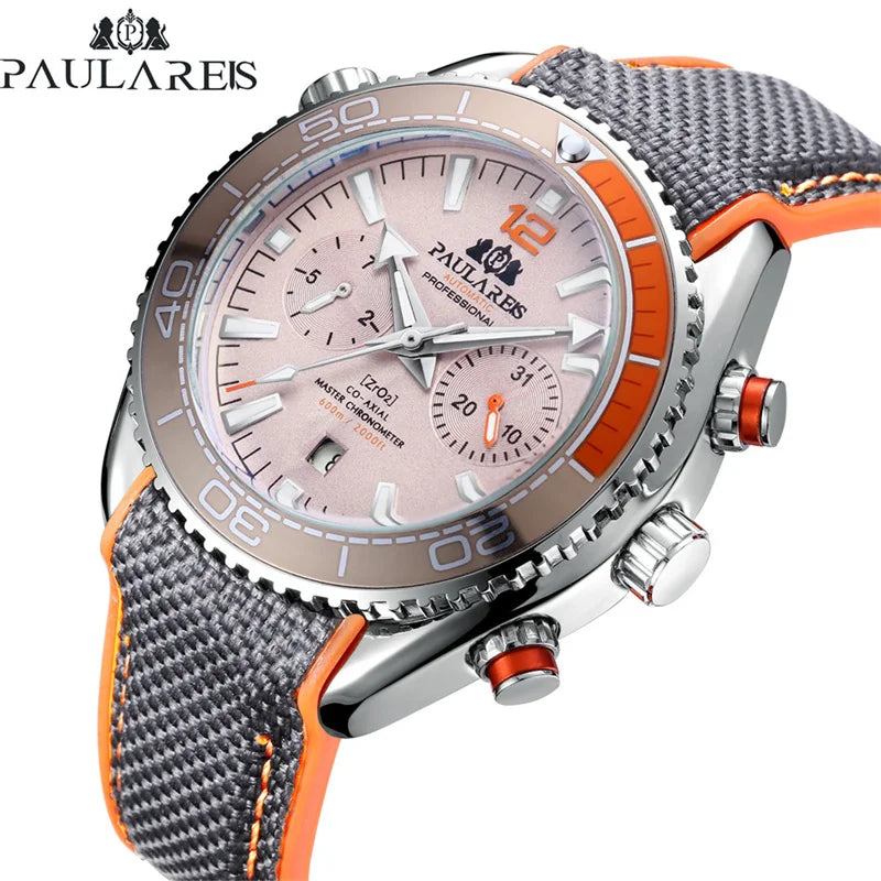 PAULAREIS P Reloj mecánico automático de lujo para hombre, cuerda automática, correa de caucho, resistente al agua, luminoso, con fecha, reloj de moda para hombre