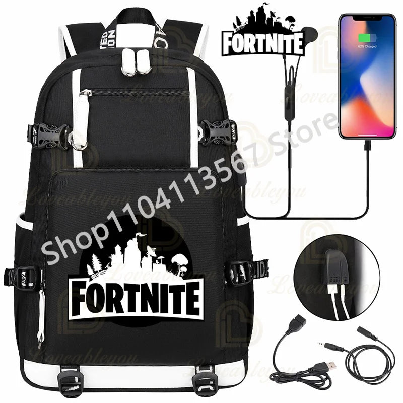 Ultima Knight F-Fortnited Battle Royale Rucksack mit USB-Ladeanschluss, Anime-Figuren und Studienfach für Schreibwaren für Schüler