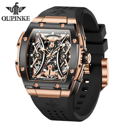 Relógio masculino OUPINKE clássico de luxo com mostrador tonneau, marca de topo, original, automático mecânico, bracelete em silicone e vidro de safira, novo