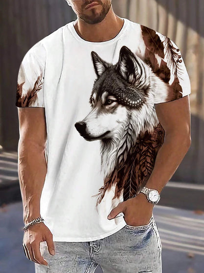 T-shirt de homem com estampado de lobo e olhos diferentes — T-shirt casual diária masculina, moda urbana streetwear, manga curta, verão, desporto ao ar livre