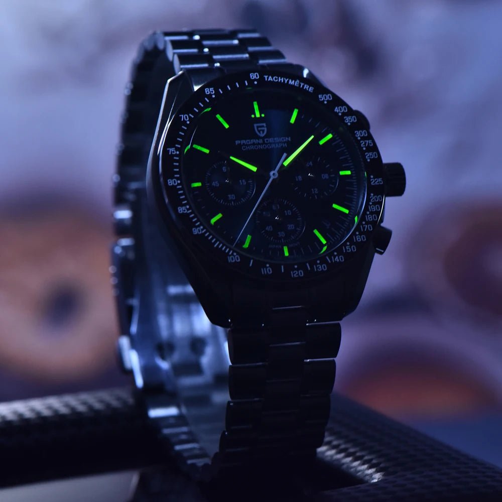 PAGANI DESIGN ‘New Moon’ Men’s Watch – Luxury quartz watch, chronograph, sapphire crystal with anti-reflective coating, ceramic bezel, luminescent hands