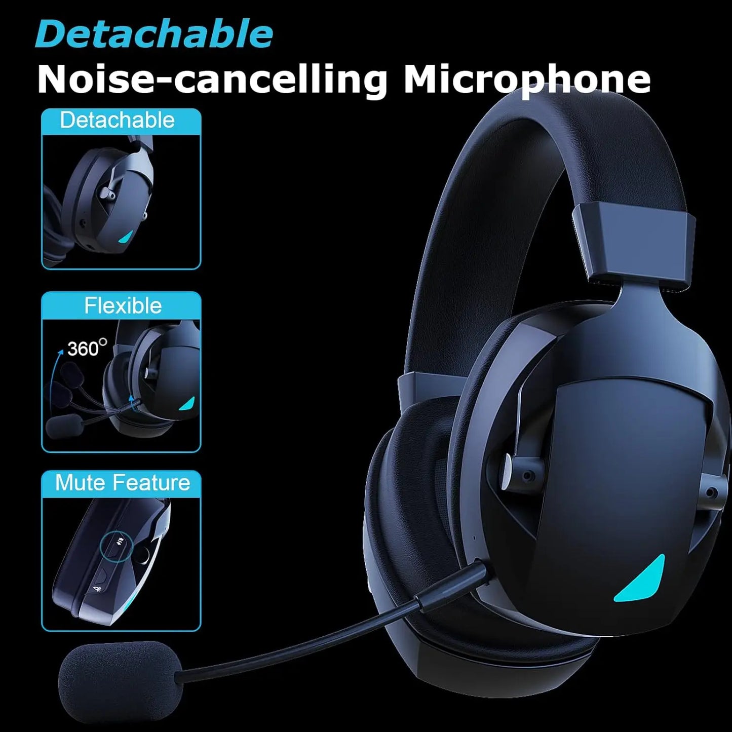 Cuffie da gaming con microfono rimovibile con cancellazione del rumore – Cuffie da gaming wireless a 3 modalità Bluetooth 5.3, 2.4G USB e cablate 3.5mm con driver da 50mm
