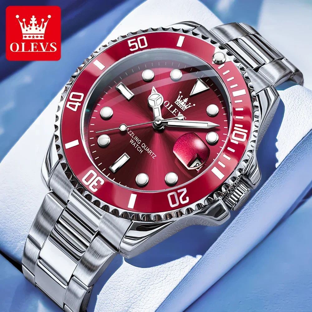 Montre pour homme OLEVS 5885 – Modèle authentique, bracelet en acier, calendrier, mouvement à quartz, livrée dans un coffret cadeau de luxe