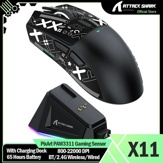 Mouse da gaming wireless ATTACK SHARK X11 con dock di ricarica e sensore gaming PixArt PAW3311, BT/2.4G wireless/cablato