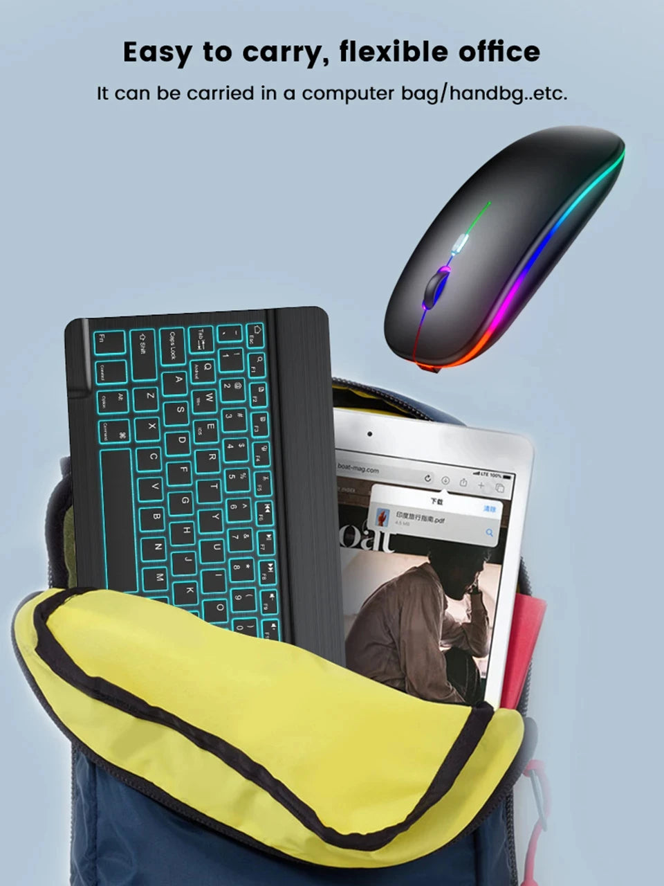 Mini-RGB-Tastatur mit Hintergrundbeleuchtung, 10 Zoll, Bluetooth, kabellose Maus, wiederaufladbar, für Spanisch, Russisch, Hebräisch, Koreanisch, Französisch, Arabisch, Portugal